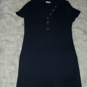 Womens Navy Blue Short Sleeve Dress with Gold Accents